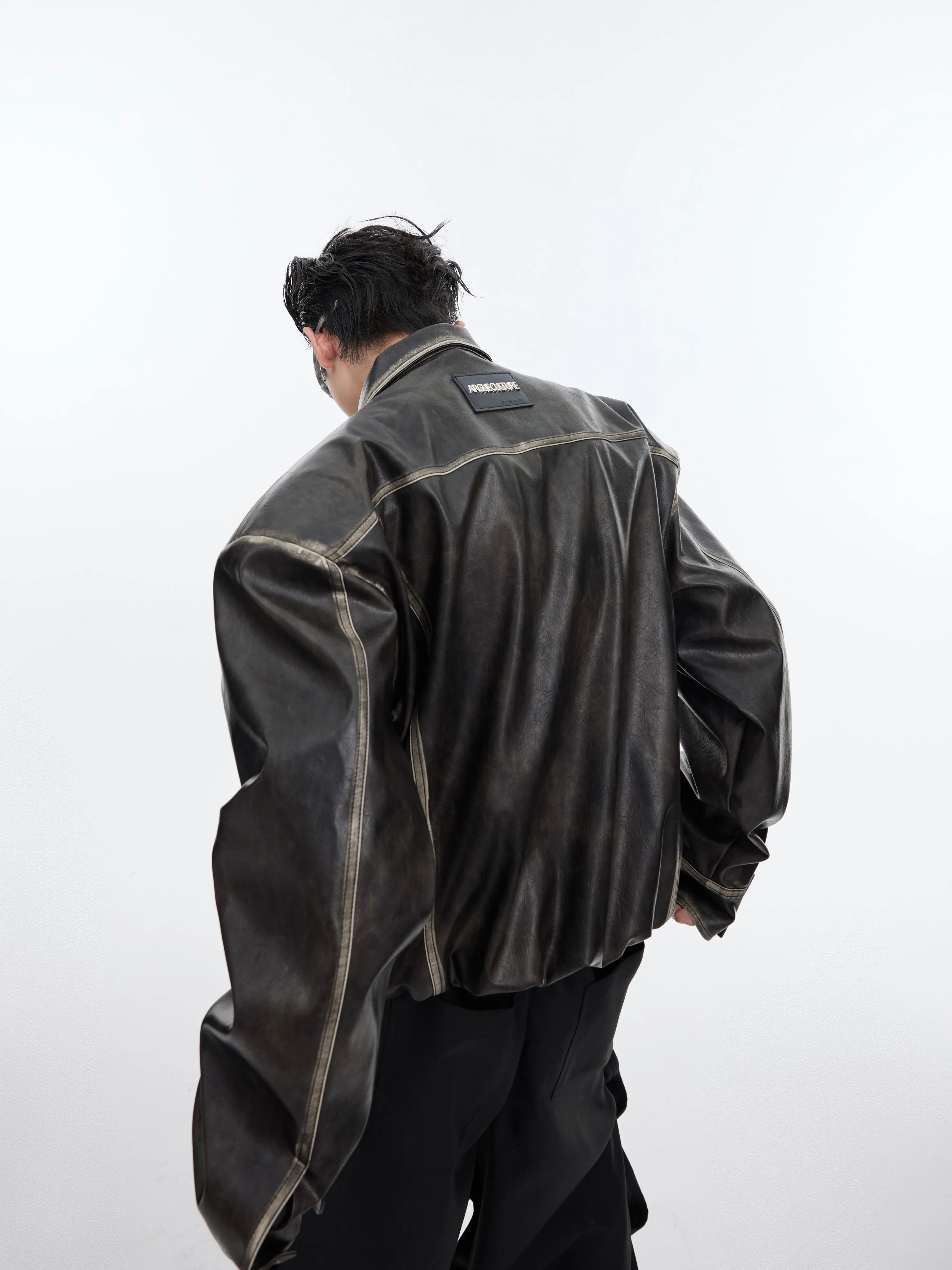 【24s February.】Retro Distressed Leather Jacket with Shoulder Pads