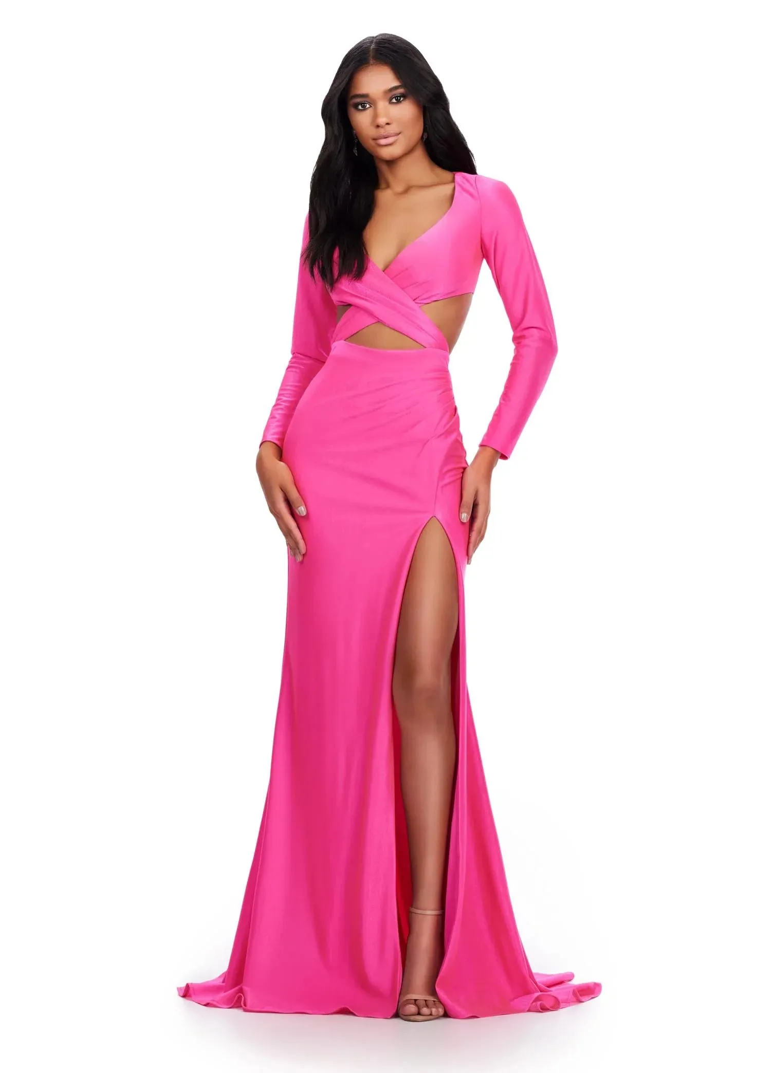 Ashley Lauren 11607 Size 0 Hot Pink Long Sleeve Jersey Cutout Prom Dress Slit Fitted Skirt Formal Gown