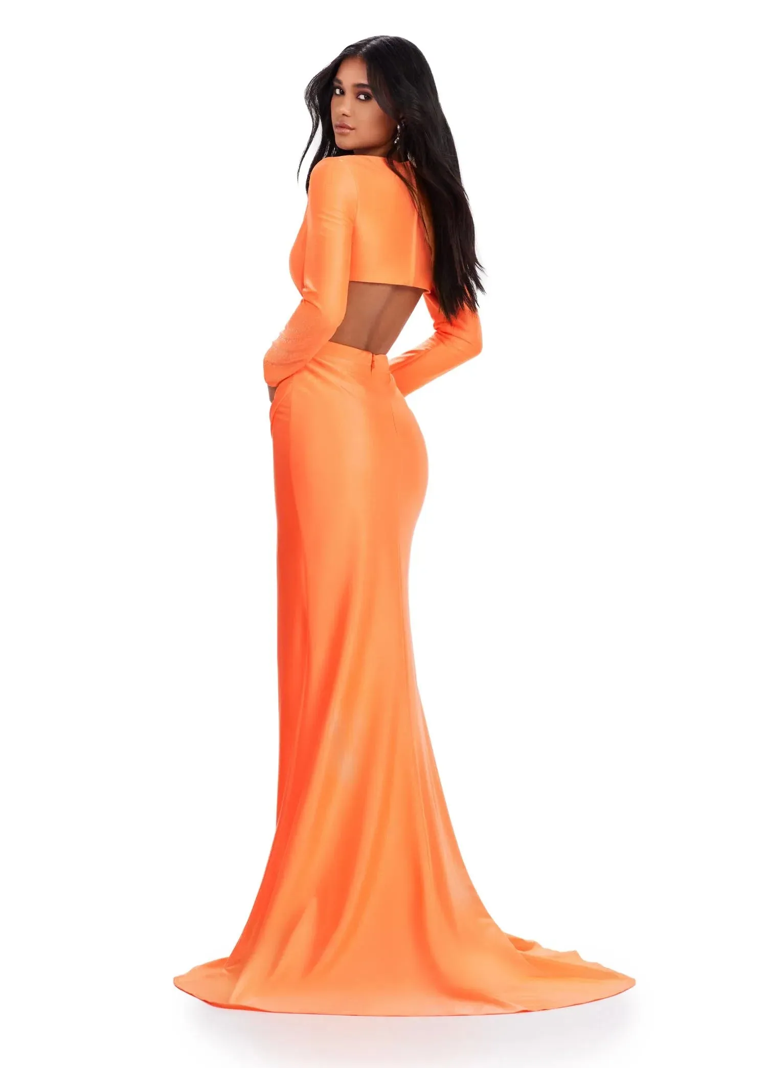 Ashley Lauren 11607 Size 0 Hot Pink Long Sleeve Jersey Cutout Prom Dress Slit Fitted Skirt Formal Gown