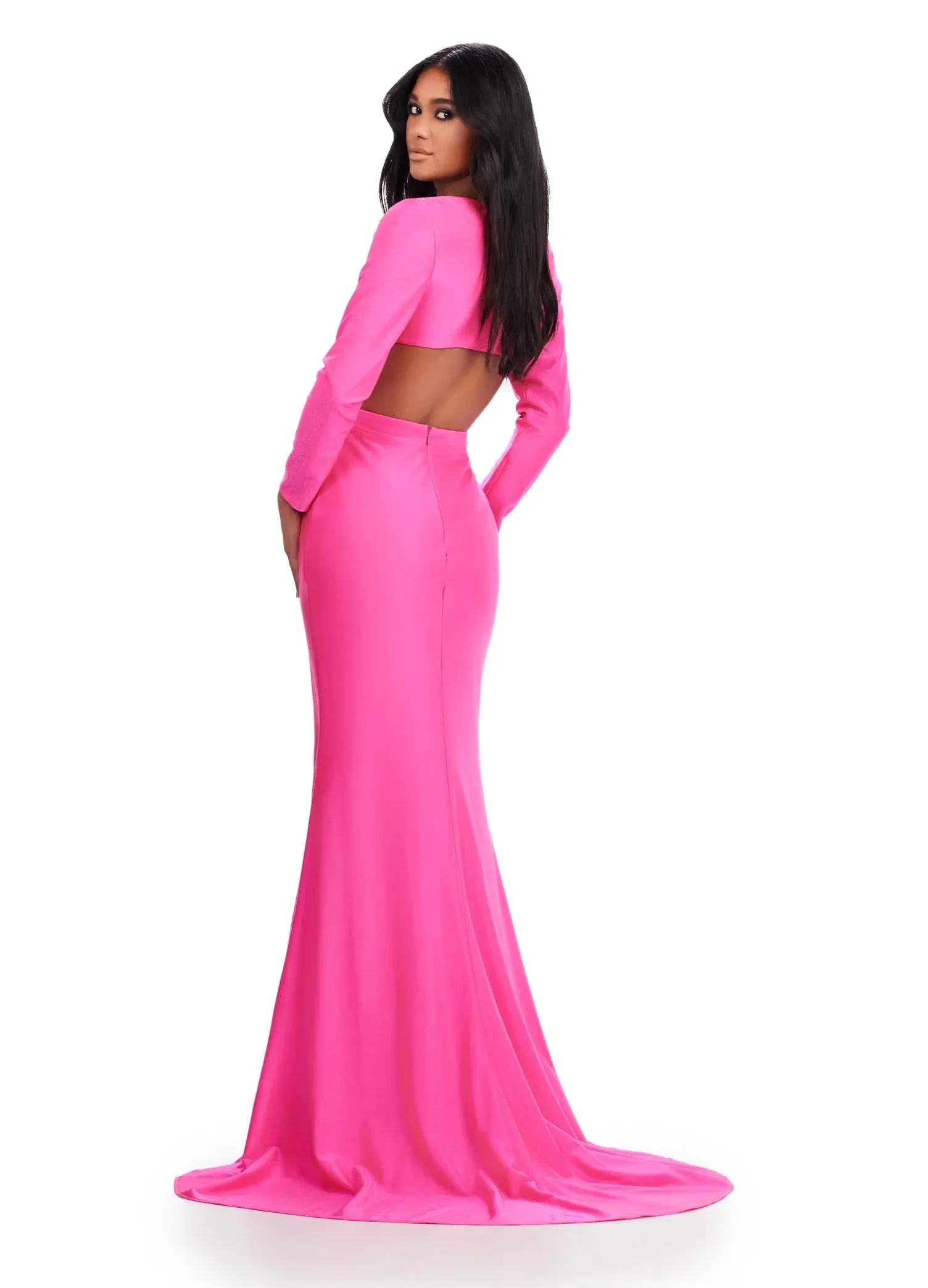 Ashley Lauren 11607 Size 0 Hot Pink Long Sleeve Jersey Cutout Prom Dress Slit Fitted Skirt Formal Gown