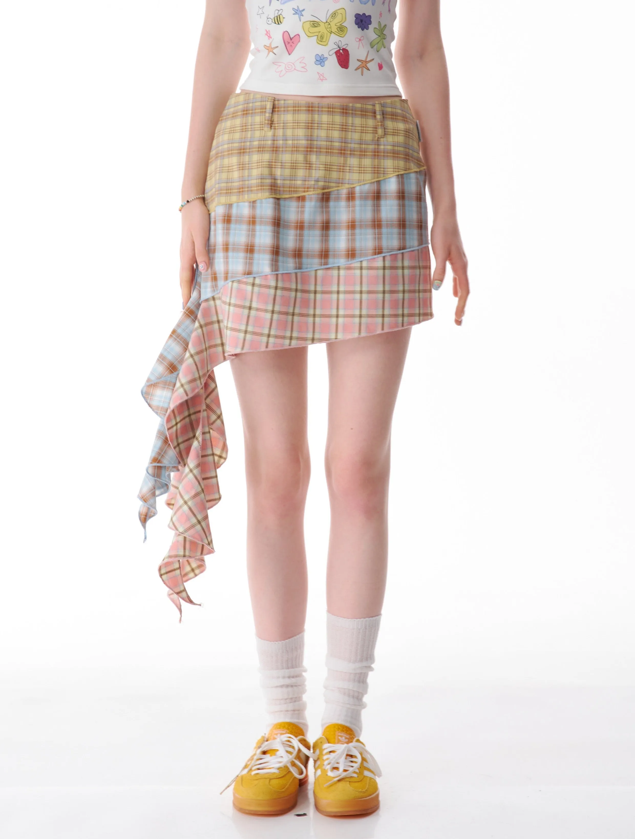 Asymmetric Patchwork Plaid Mini Skirt