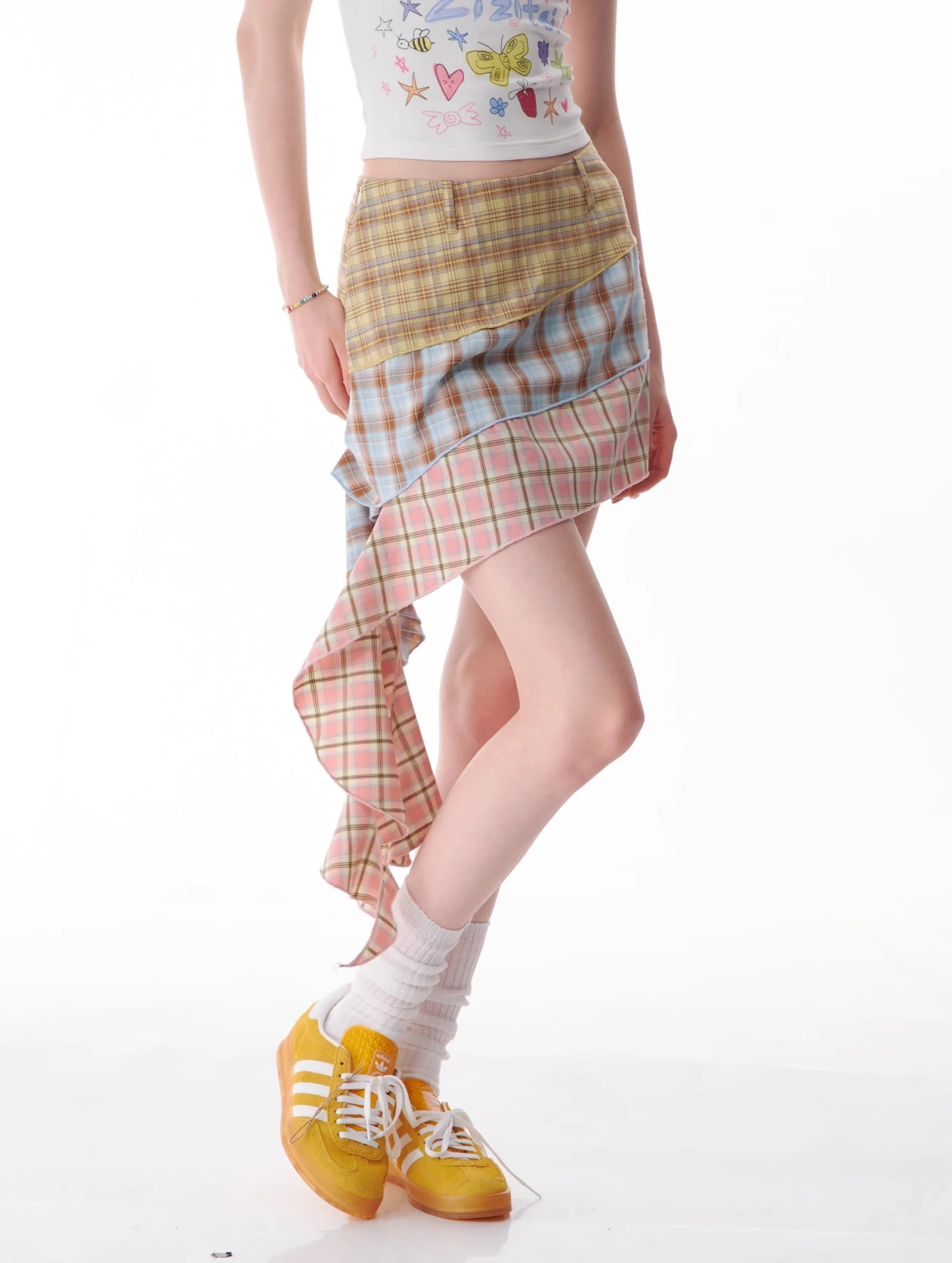 Asymmetric Patchwork Plaid Mini Skirt