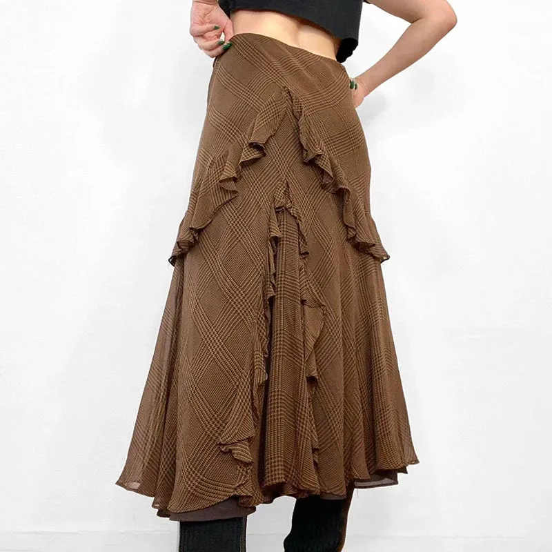 Asymmetrical Brown Boho Long Skirt Autumn Vintage Chiffon Ruffles Stitched Elegant Plaid Skirt Female Party Outfits