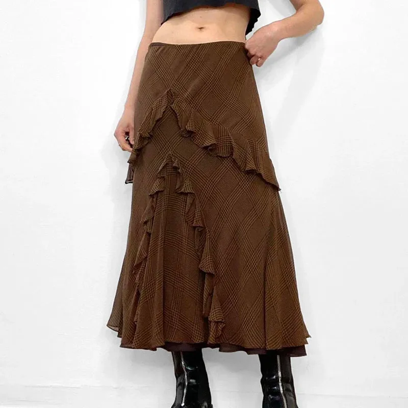 Asymmetrical Brown Boho Long Skirt Autumn Vintage Chiffon Ruffles Stitched Elegant Plaid Skirt Female Party Outfits