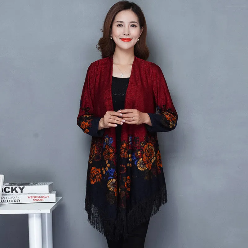 Autumn Outerwear Women's Mid Length Ethnic Style Cape Printed Loose Outerwear Cape with Oversized Cardigan