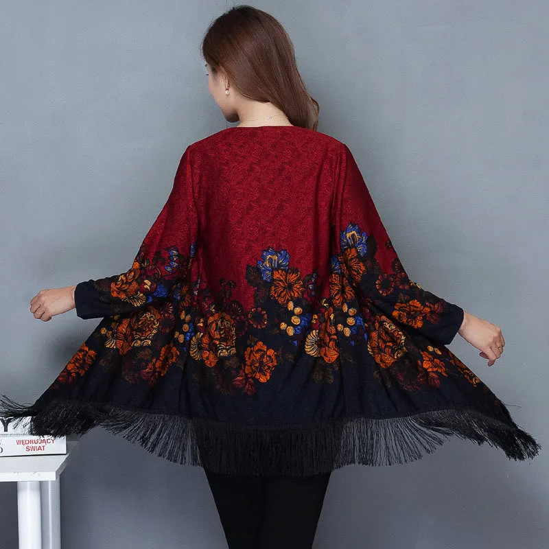 Autumn Outerwear Women's Mid Length Ethnic Style Cape Printed Loose Outerwear Cape with Oversized Cardigan