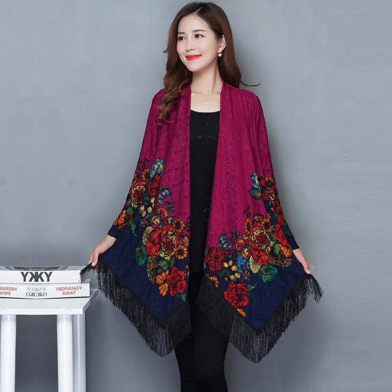 Autumn Outerwear Women's Mid Length Ethnic Style Cape Printed Loose Outerwear Cape with Oversized Cardigan