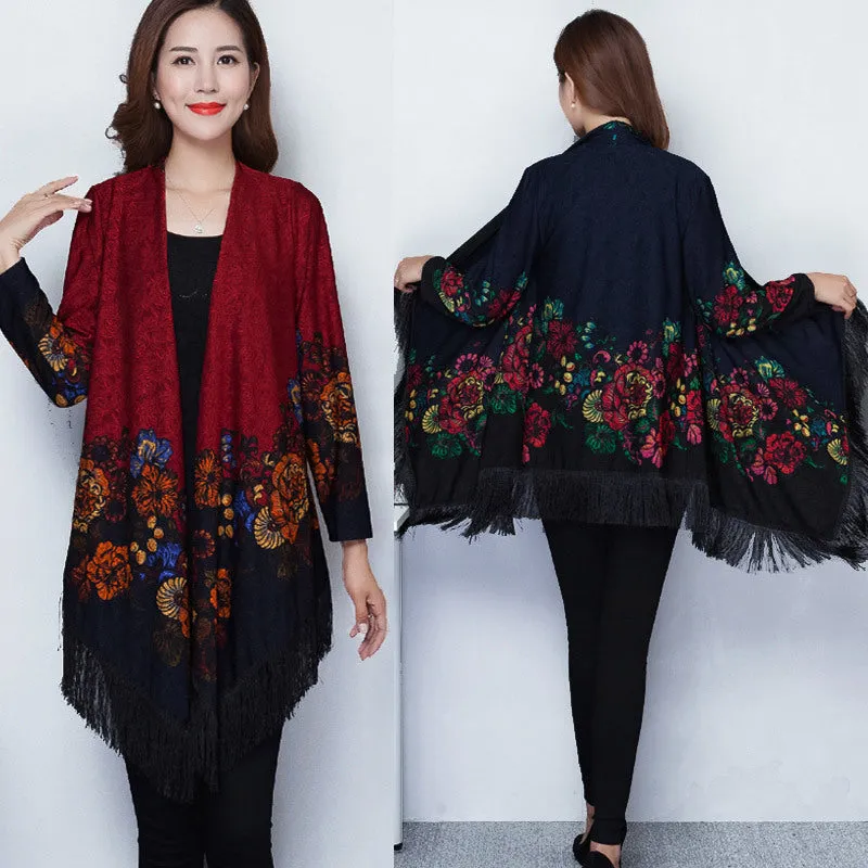 Autumn Outerwear Women's Mid Length Ethnic Style Cape Printed Loose Outerwear Cape with Oversized Cardigan