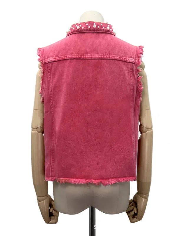 Beaded Fringed Split-Joint Loose Sleeveless Lapel Vest Outerwear