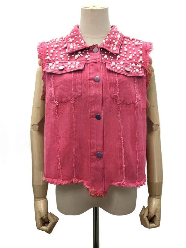 Beaded Fringed Split-Joint Loose Sleeveless Lapel Vest Outerwear