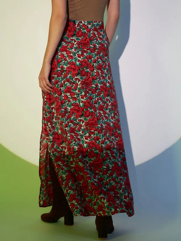 Berrylush Women Red & Green Floral Printed High-Rise Waist Thigh-High Slit Flared A-Line Maxi Skirt