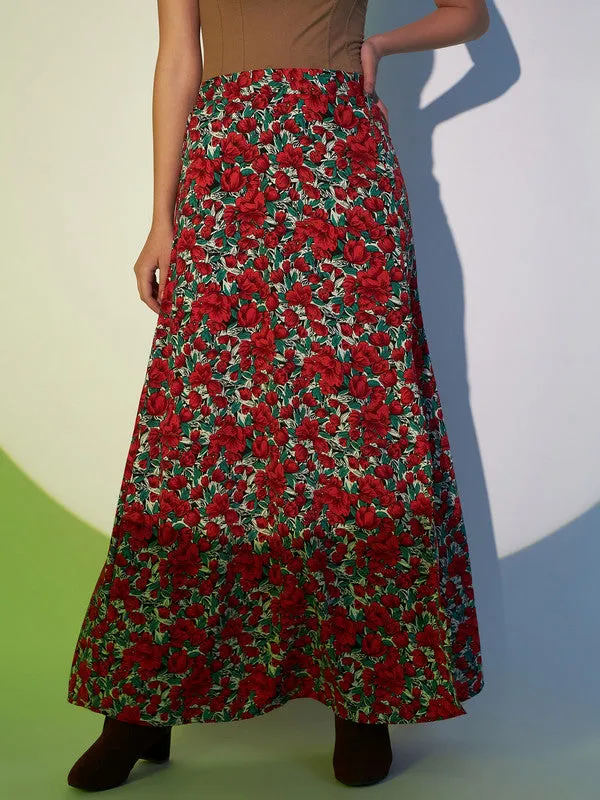 Berrylush Women Red & Green Floral Printed High-Rise Waist Thigh-High Slit Flared A-Line Maxi Skirt