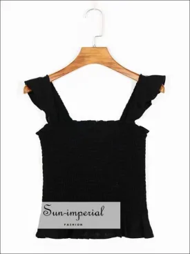 Black Vintage Sleeveless Women Tank top with Ruffles Decor Summer top