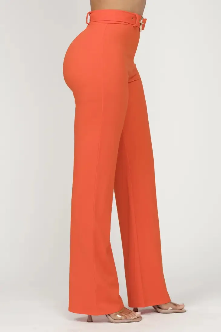 Bright Orange High Waisted Front Buckle Belt Pants