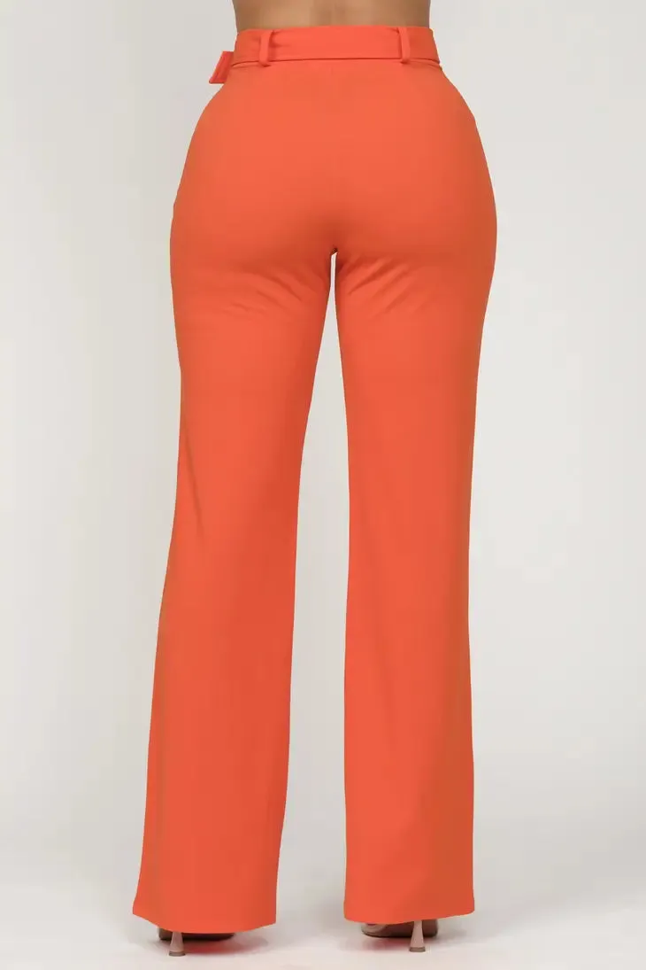 Bright Orange High Waisted Front Buckle Belt Pants