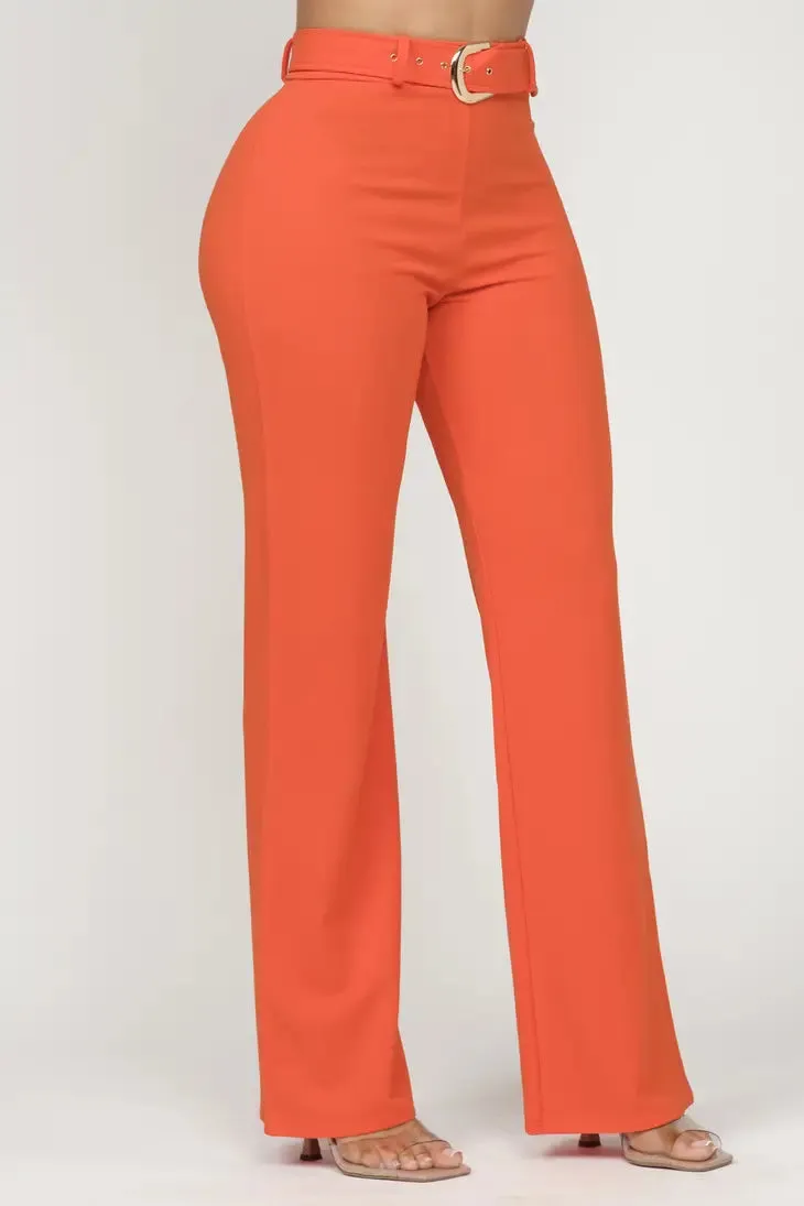 Bright Orange High Waisted Front Buckle Belt Pants