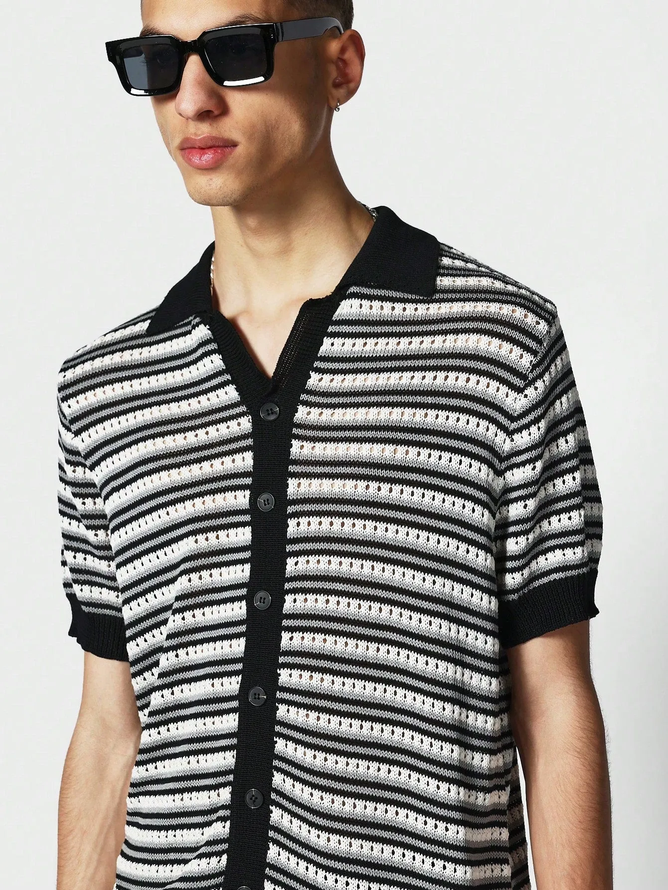 Button Through Stripe Knit Shirt