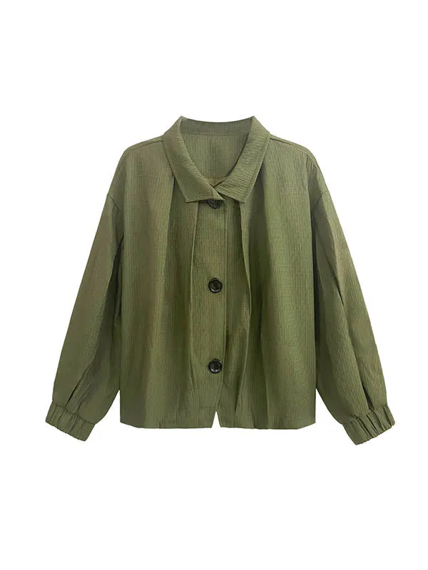 Buttoned Elasticity Pleated Long Sleeves Loose Stand Collar Outerwear Jackets