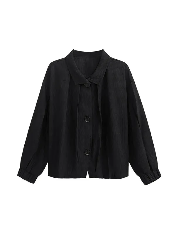 Buttoned Elasticity Pleated Long Sleeves Loose Stand Collar Outerwear Jackets