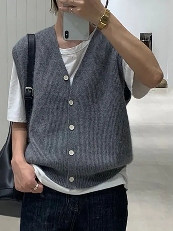 Buttoned Loose Sleeveless V-neck Vest Outerwear Knitwear