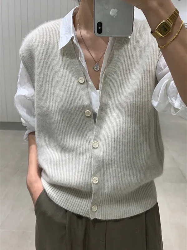 Buttoned Loose Sleeveless V-neck Vest Outerwear Knitwear