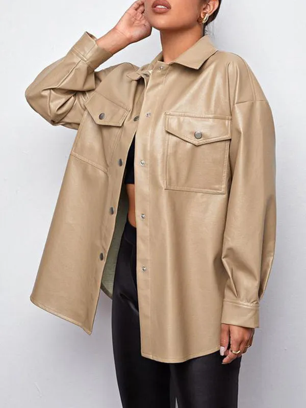 Buttoned Pockets Long Sleeves Loose Lapel Outerwear Jackets