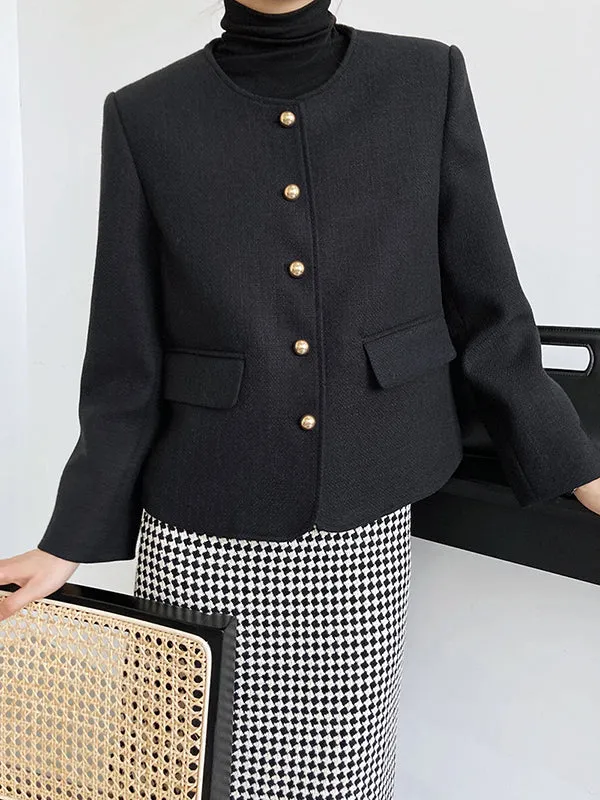 Buttoned Solid Color Long Sleeves Loose Round-Neck Outerwear