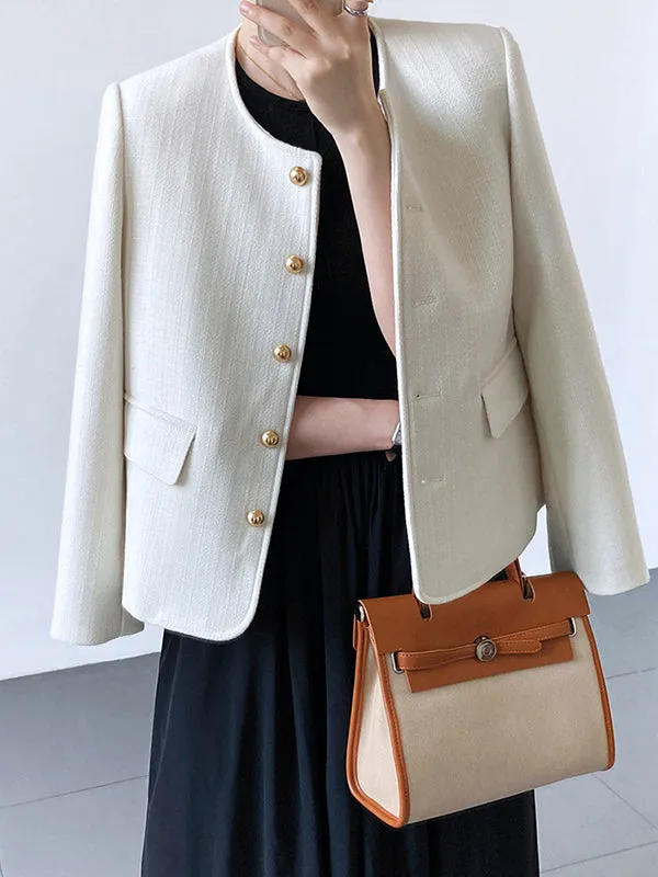 Buttoned Solid Color Long Sleeves Loose Round-Neck Outerwear