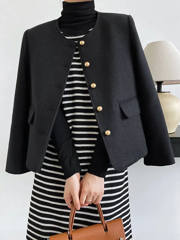 Buttoned Solid Color Long Sleeves Loose Round-Neck Outerwear