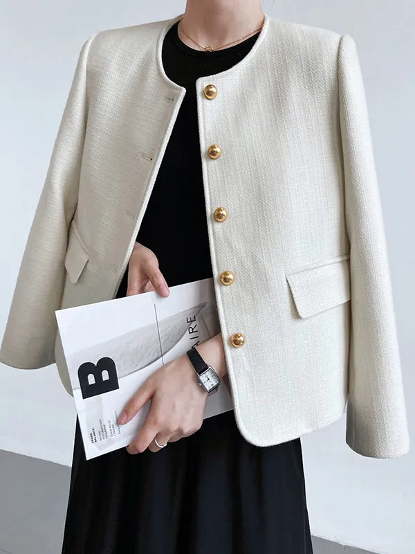 Buttoned Solid Color Long Sleeves Loose Round-Neck Outerwear