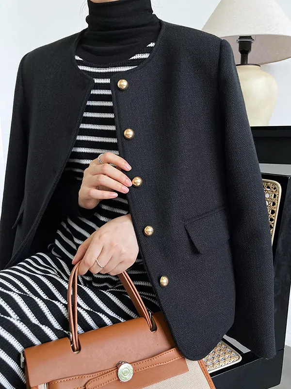 Buttoned Solid Color Long Sleeves Loose Round-Neck Outerwear