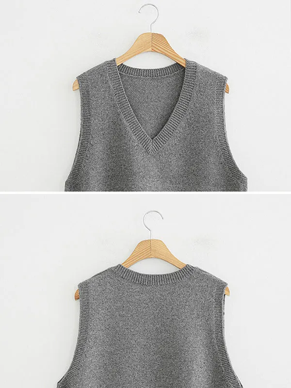 Casual Loose Sleeveless Solid Color V-Neck Sweater Vest Outerwear