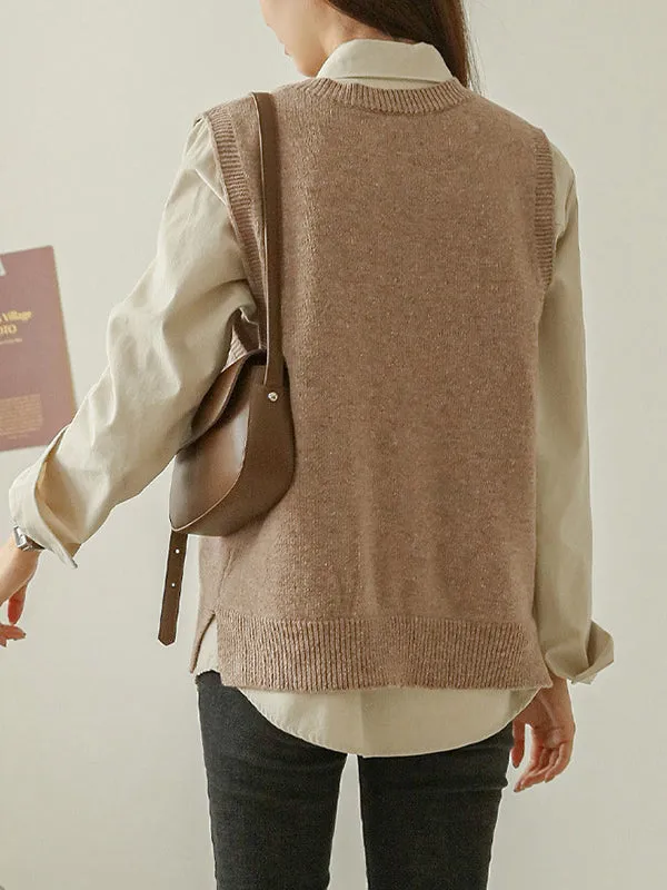 Casual Loose Sleeveless Solid Color V-Neck Sweater Vest Outerwear