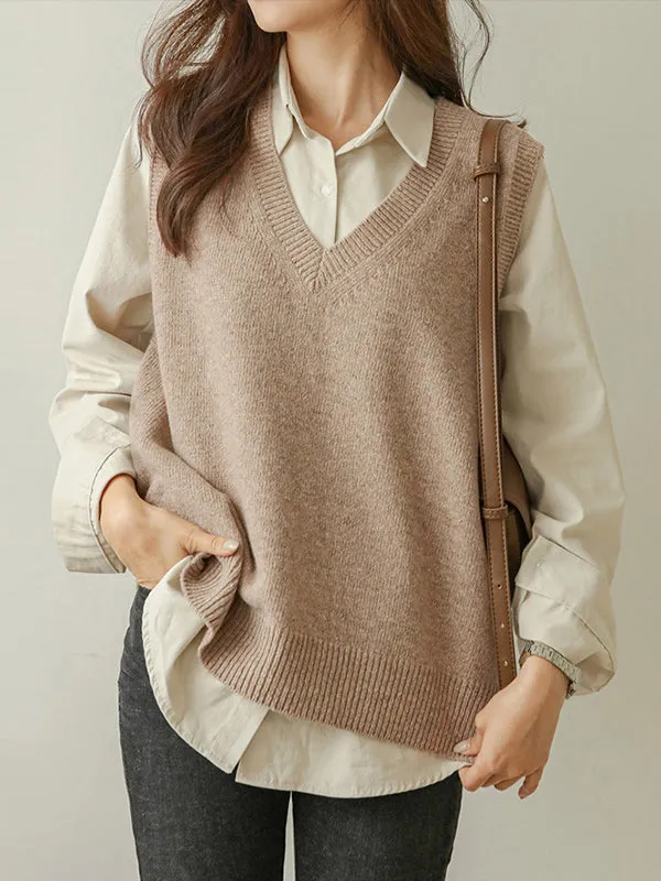 Casual Loose Sleeveless Solid Color V-Neck Sweater Vest Outerwear