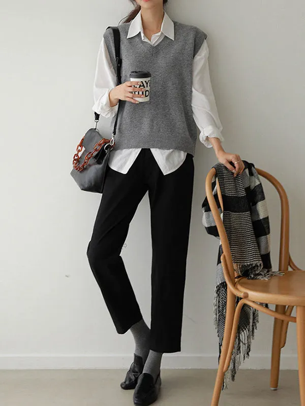 Casual Loose Sleeveless Solid Color V-Neck Sweater Vest Outerwear