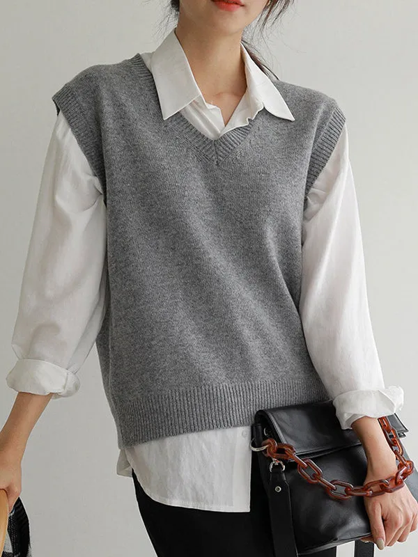 Casual Loose Sleeveless Solid Color V-Neck Sweater Vest Outerwear