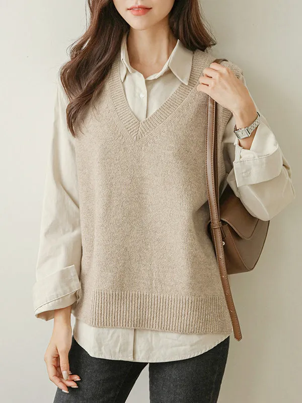 Casual Loose Sleeveless Solid Color V-Neck Sweater Vest Outerwear