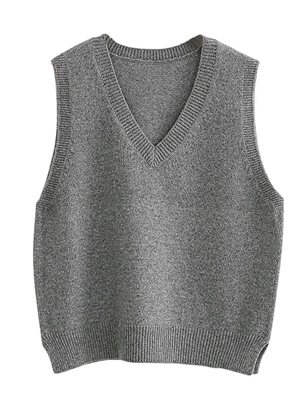 Casual Loose Sleeveless Solid Color V-Neck Sweater Vest Outerwear