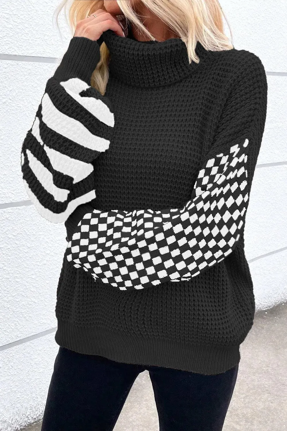 Checkered Sweater Striped Turtleneck Long Sleeve Knitwear