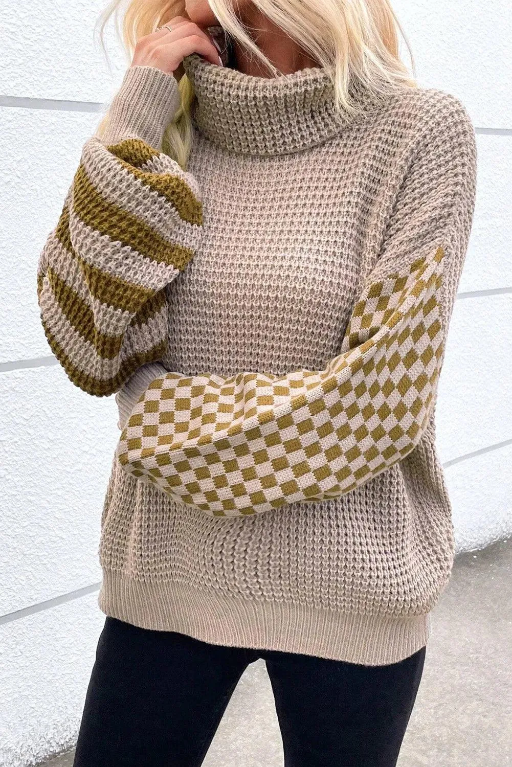 Checkered Sweater Striped Turtleneck Long Sleeve Knitwear