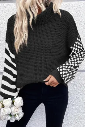 Checkered Sweater Striped Turtleneck Long Sleeve Knitwear