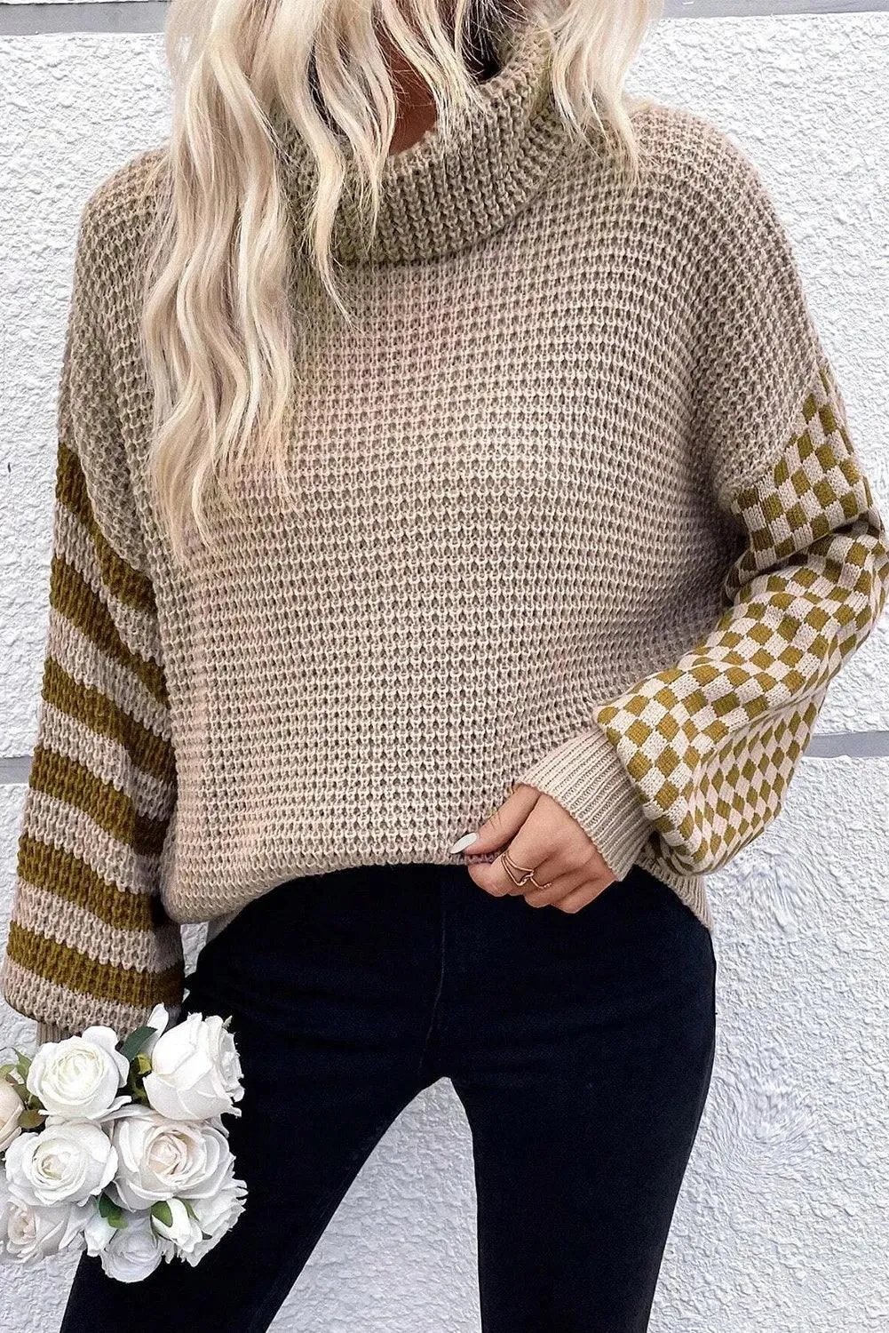 Checkered Sweater Striped Turtleneck Long Sleeve Knitwear