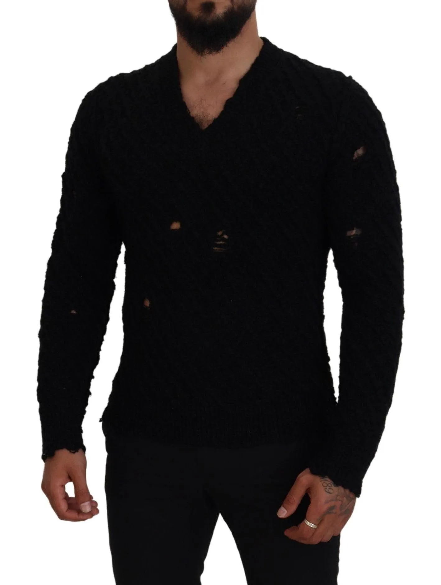 Dolce & Gabbana Black Wool V-neck Knitted Pullover Sweater