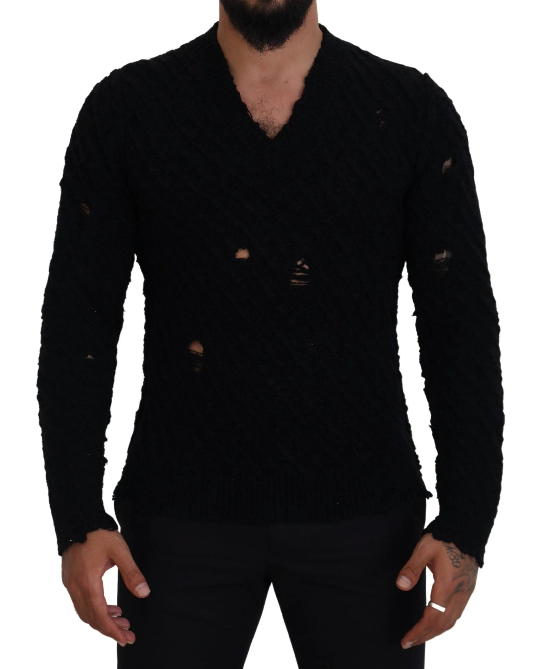 Dolce & Gabbana Black Wool V-neck Knitted Pullover Sweater