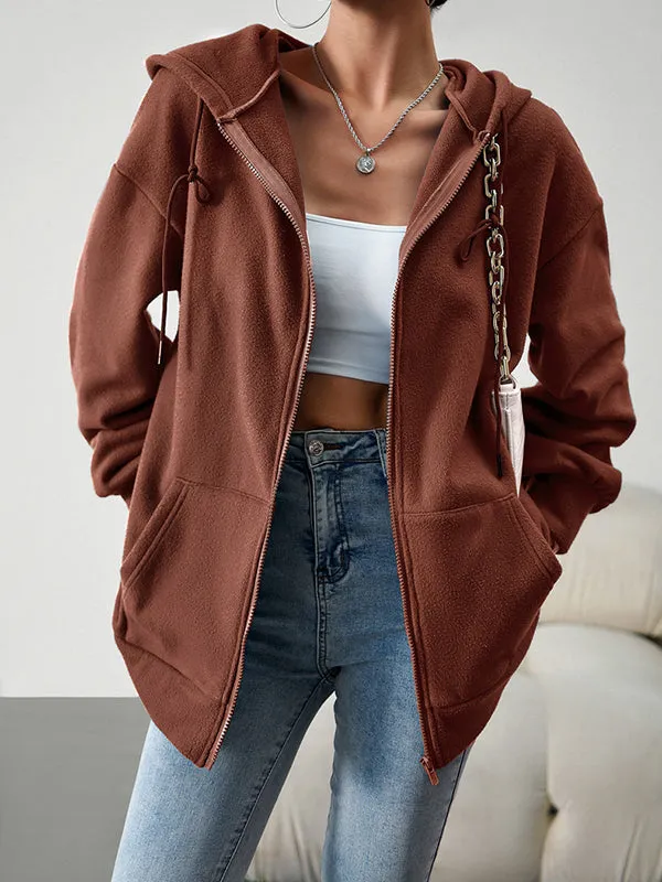 Drawstring Zipper Long Sleeves Loose Hooded Outerwear Jackets