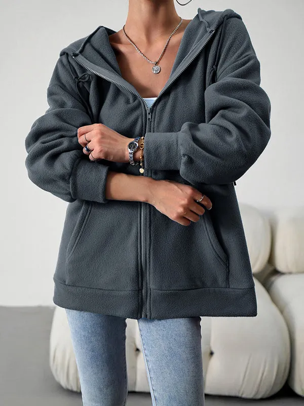 Drawstring Zipper Long Sleeves Loose Hooded Outerwear Jackets