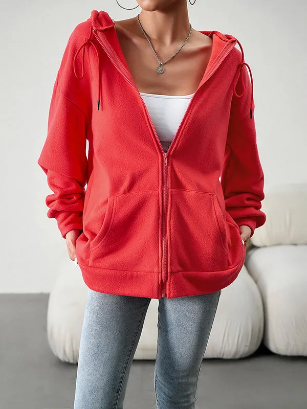 Drawstring Zipper Long Sleeves Loose Hooded Outerwear Jackets