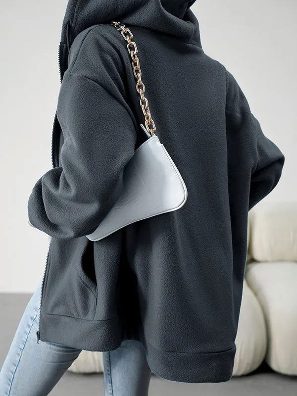 Drawstring Zipper Long Sleeves Loose Hooded Outerwear Jackets