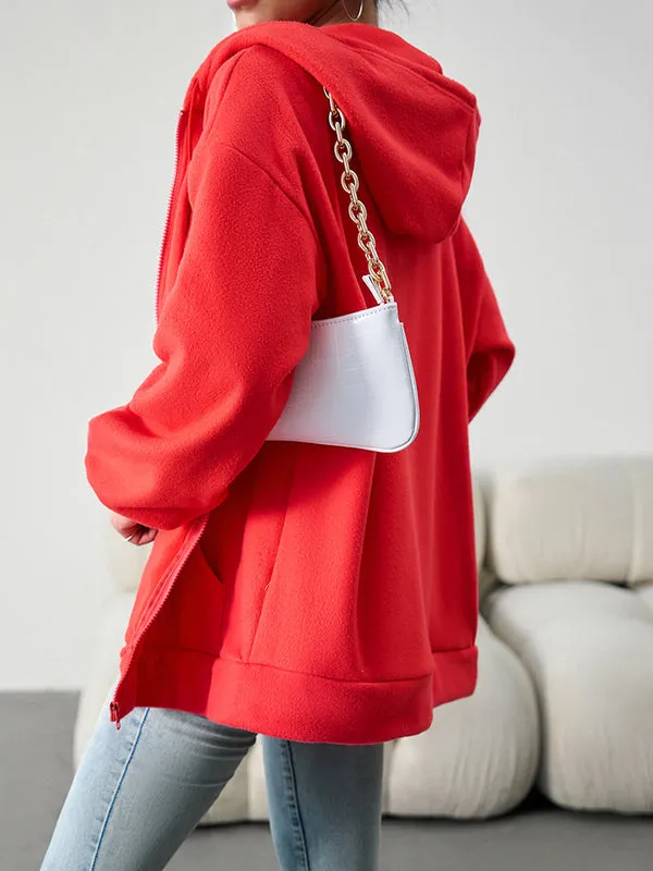 Drawstring Zipper Long Sleeves Loose Hooded Outerwear Jackets