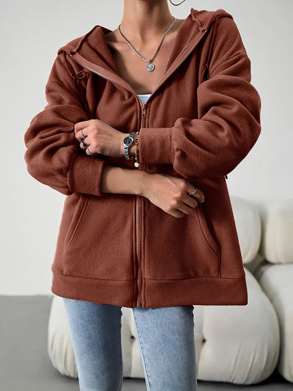 Drawstring Zipper Long Sleeves Loose Hooded Outerwear Jackets